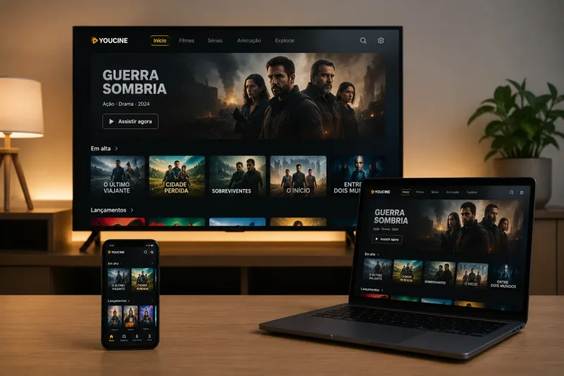 Hero dispositivos de streaming lado a lado (TV, celular, notebook), sem logos de “vencedor”.