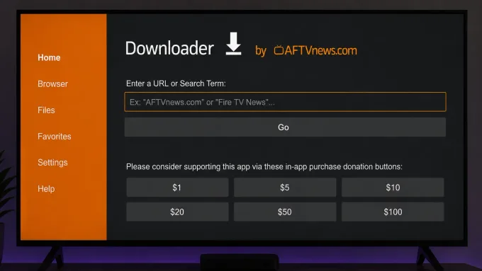 Android TV com Downloader na tela.