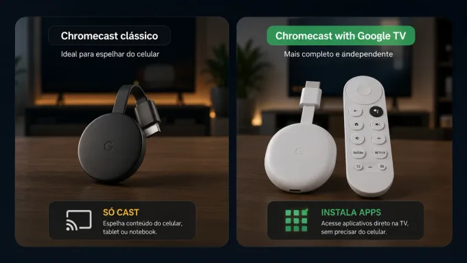 dois produtos lado a lado — Chromecast clássico vs Chromecast with Google TV — com rótulos “só cast” e “instala apps”.