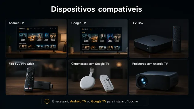 grade de dispositivos compatíveis com nota “requer Android TV/Google TV”.