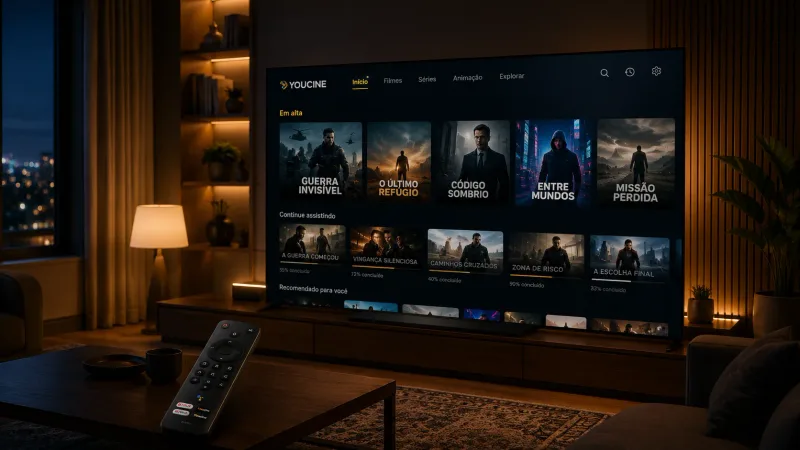 sala com Android TV na home screen e controle em destaque, full-bleed, sem overlays.