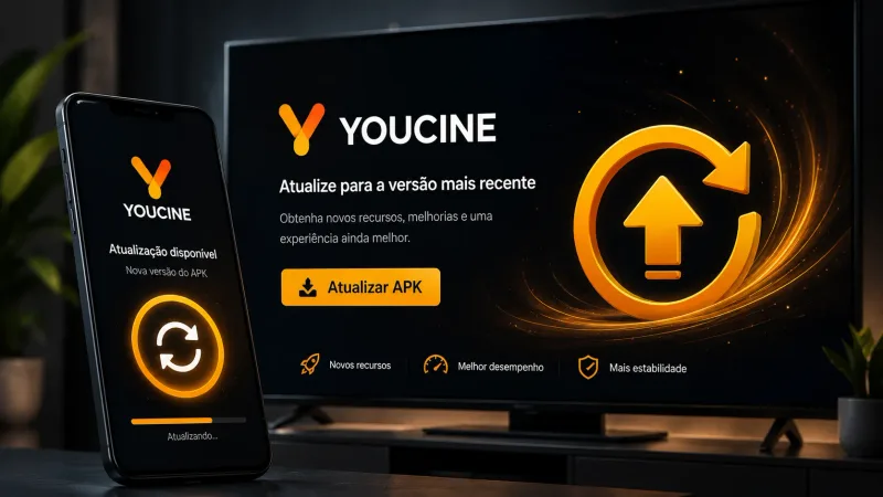 Hero celular/TV com seta de “atualizar APK”, full-bleed, sem badges de “oficial”.