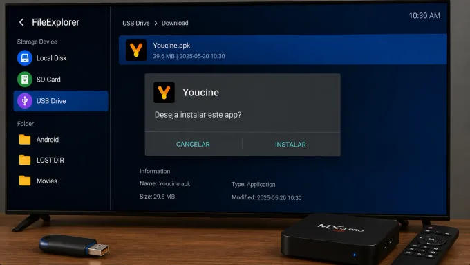 Como instalar o Youcine em TV Box TV Box com pen drive e tela de instalação do APK.