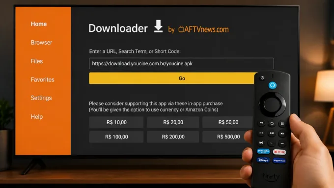 Como instalar o Youcine na Android TV Android TV com o Downloader na tela e controle em destaque.