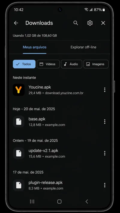 Como instalar o Youcine no Android (celular e tablet) tela de Downloads com o arquivo Youcine.apk concluído.