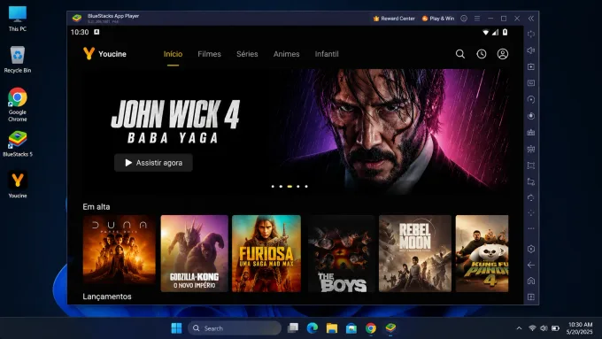 Como usar o Youcine no PC janela de emulador Android com o Youcine aberto no desktop.