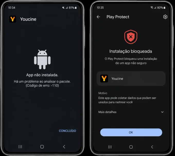 Problemas comuns na instalação exemplos reais de telas de erro (parse error e Play Protect), sem dados sensíveis.