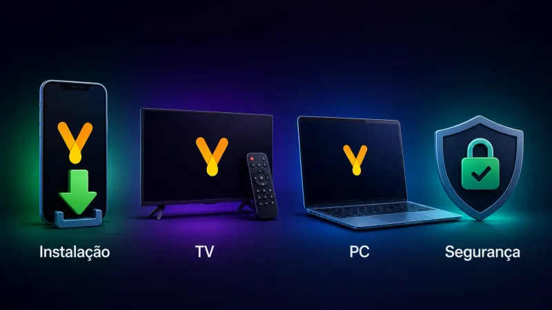 composição full-bleed com ícones de categorias da FAQ (instalação, TV, PC, segurança), sem badges flutuantes.