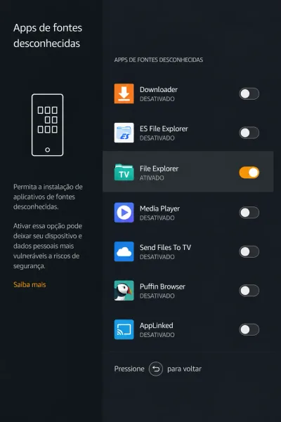 Como instalar o Youcine no Fire TV tela de apps de fontes desconhecidas no Fire OS.