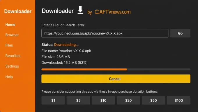 Como instalar o Youcine no Fire TV Downloader com barra de download do APK.