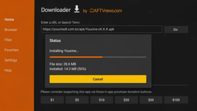 Como instalar o Youcine no Fire TV progresso de instalação no Fire TV.