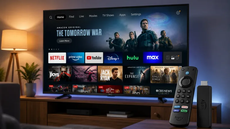 Hero Fire TV Stick na TV com home Amazon e controle, full-bleed, sem overlays.