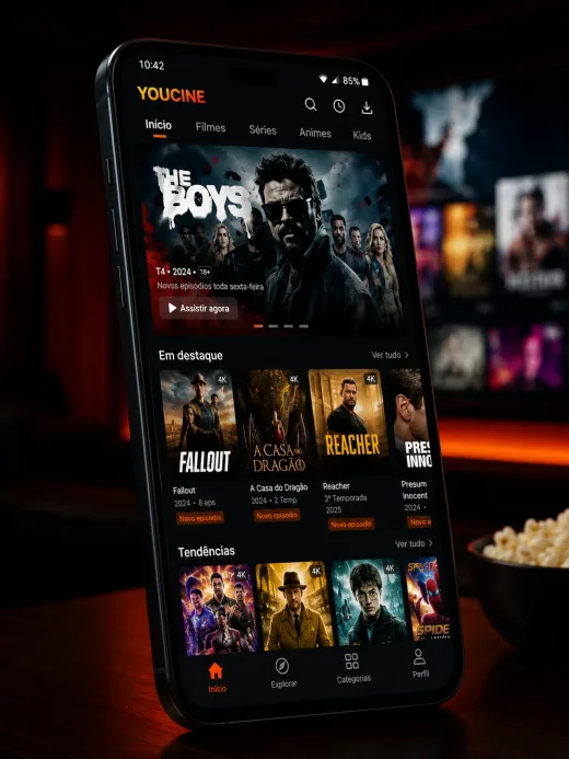 Smartphone exibindo a interface do Youcine APK