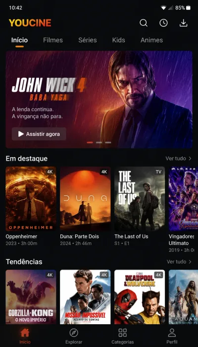 Interface inicial do aplicativo Youcine