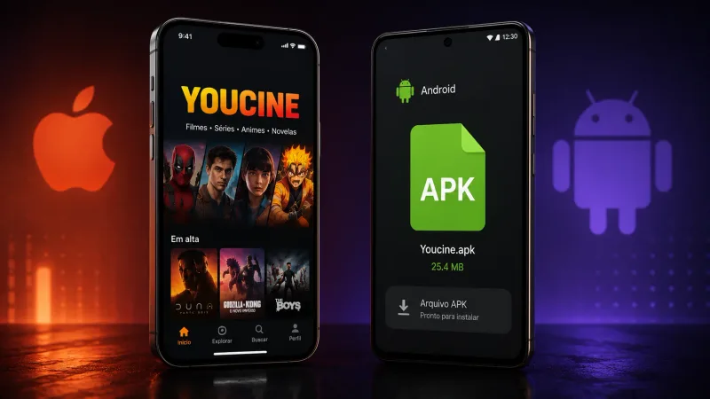 Hero iPhone ao lado de um Android com APK — contraste visual, sem seta de “instalar no iOS”.