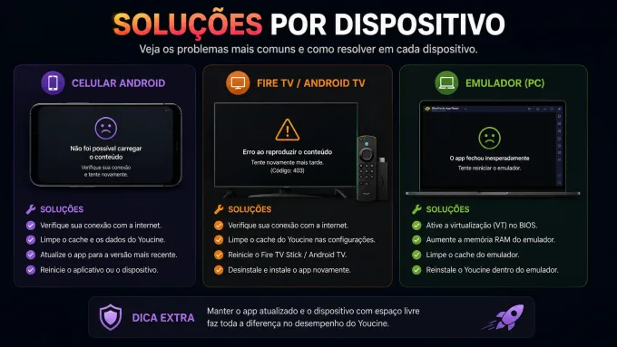 Soluções por dispositivo exemplos de erro por dispositivo (celular / Stick / emulador).