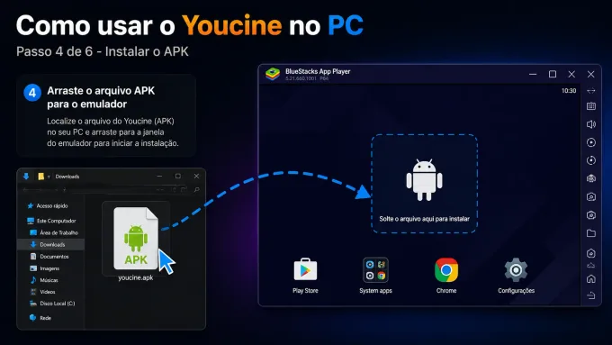 Como usar o Youcine no PC (passo a passo) APK sendo arrastado para a janela do emulador.