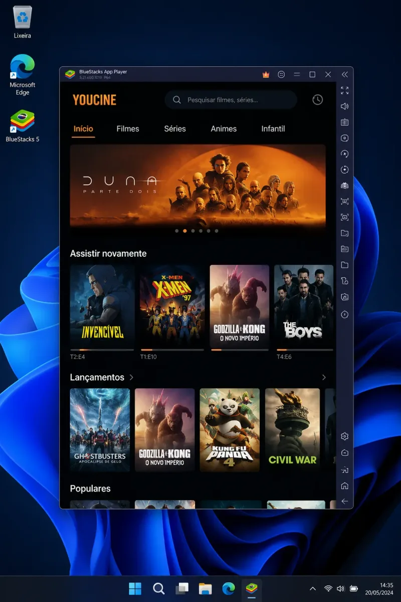 Hero desktop Windows com emulador Android aberto e Youcine na tela, full-bleed, sem badges flutuantes.