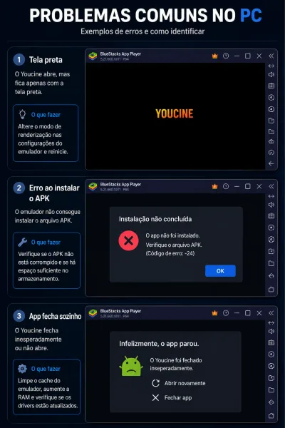 Problemas comuns no PC exemplos de tela preta / erro de instalação no emulador (sem dados sensíveis).