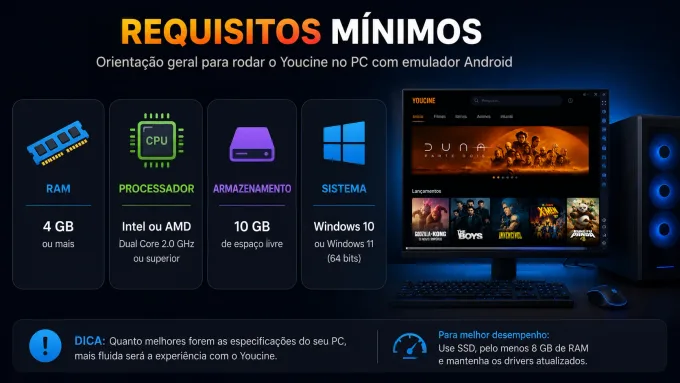 Requisitos mínimos (orientação geral) ilustração simples dos requisitos (RAM, CPU, Windows).
