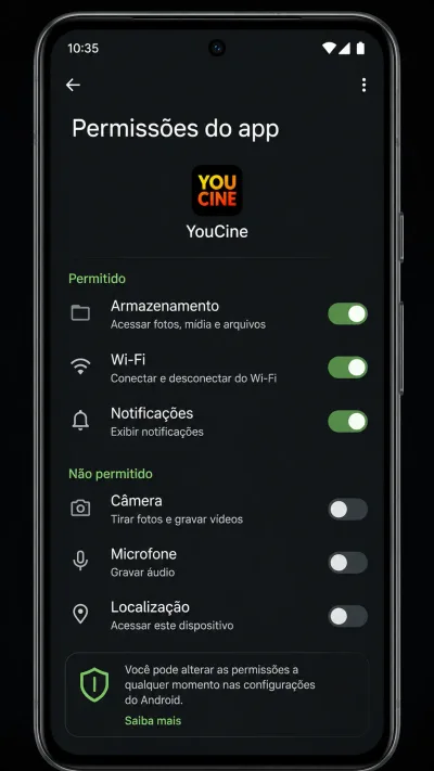 Boas práticas de segurança (checklist) tela de permissões do Android (exemplo genérico).