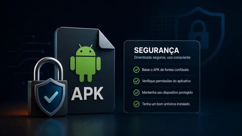 Hero ilustração sóbria de APK + cadeado/checklist, full-bleed, sem selos de “aprovado” inventados.