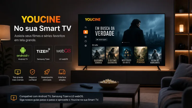 Smart TV na sala com ícones de sistemas (Android TV, Tizen, webOS), full-bleed.
