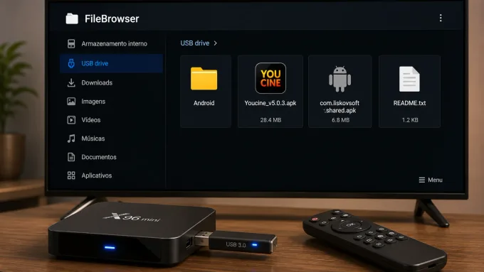 Como instalar o Youcine na TV Box pen drive no TV Box + tela de arquivos.