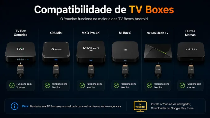 Compatibilidade de TV Boxes várias TV Boxes na HDMI (genérica + Mi Box), sem selo “100% compatível”.