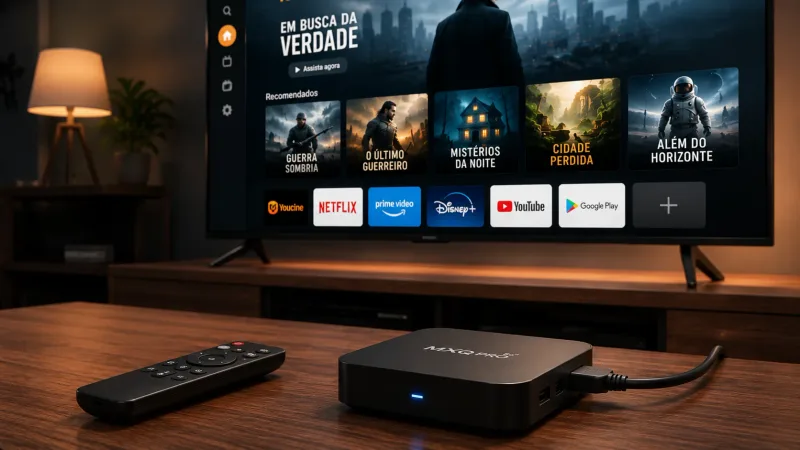 Hero TV Box ligada na HDMI de uma TV, full-bleed, sem overlays.