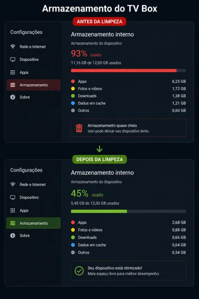 Otimização de desempenho (específico de TV Box) tela de armazenamento do box quase cheio vs depois da limpeza.